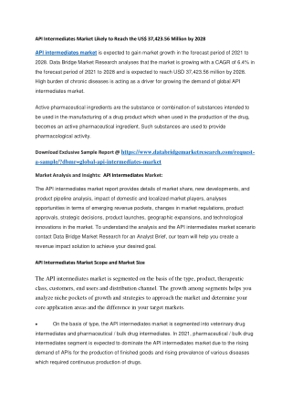 API Intermediates Market Likely to Reach the US 37,423.56 Million by 2028