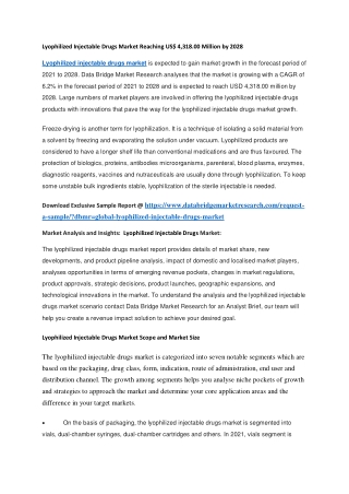 Lyophilized Injectable Drugs Market Reaching US 4,318.00 Million by 2028