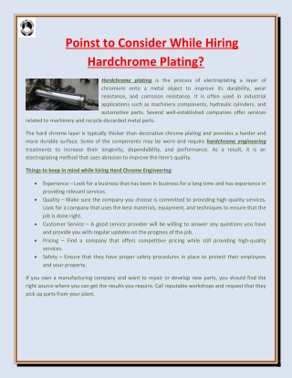 Poinst to Consider While Hiring Hardchrome Plating