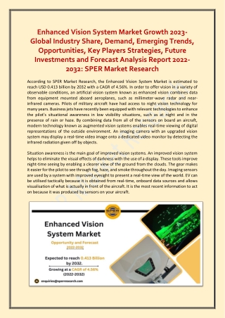 Enhanced Vision System Market Share, Growth 2023-2032: SPER Market Research