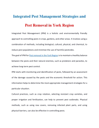 Integrated Pest Management (IPM) strategies and pest removal in York Region