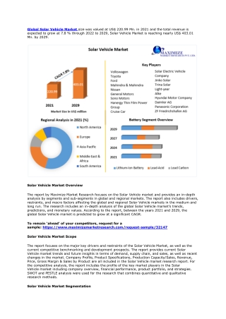 Solar Vehicle Market: Global Industry Analysis and Forecast (2022-2029)