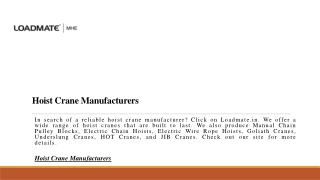 Hoist Crane Manufacturers | Loadmate.in