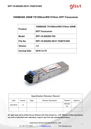 1000BASE 20KM TX1550nm/RX1310nm SFP Transceiver