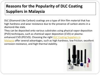 Reasons for the Popularity of DLC Coating Suppliers in Malaysia