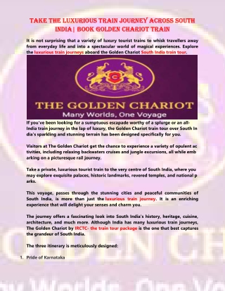 Take the luxurious train journey across South India Book Golden Chariot train