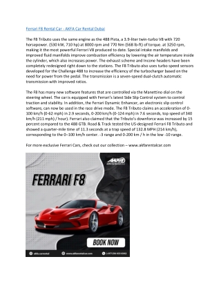 Ferrari F8 Rental Car - AKFA Car Rental Dubai
