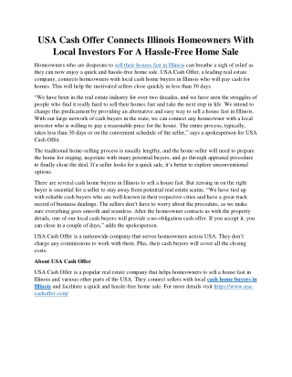 USA Cash Offer Connects Illinois Homeowners With Local Investors For A Hassle-Fr