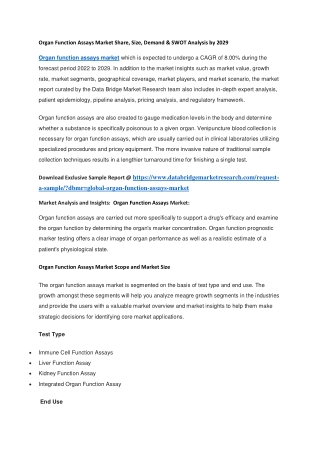 Organ Function Assays Market Share, Size, Demand & SWOT Analysis by 2029