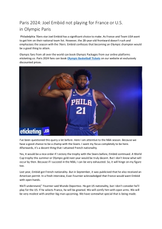 Paris 2024 Joel Embiid not playing for France or U.S. in Olympic Paris