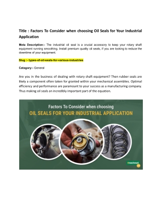 Factors To Consider when choosing Oil Seals for Your Industrial Application