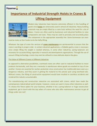 Importance of Industrial Strength Hoists in Cranes & Lifting Equipment