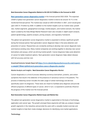 Next Generation Cancer Diagnostics Market to Hit US 19.73 Billion in the Forecast to 2029