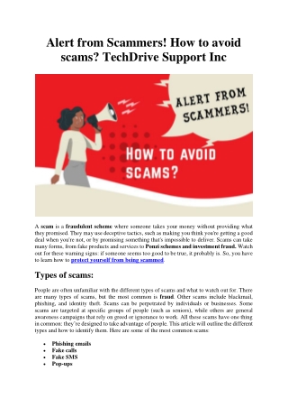 Alert from Scammers! How to avoid scams @TechDrive Support Inc