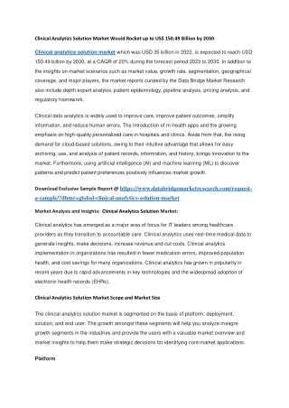 Clinical Analytics Solution Market Would Rocket up to US 150.49 Billion by 2030