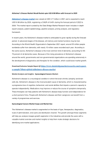 Alzheimer’s Disease Market Would Rocket upto US 8.98 Billion with Forecast to 2029