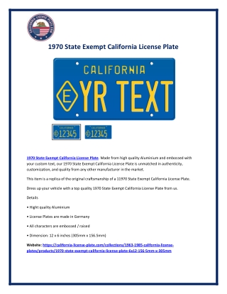 1970 State Exempt California License Plate