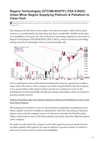 Regenx Technologies (OTCQB:RGXTF) (TSX.V:RGX): Urban Miner Begins Supplying