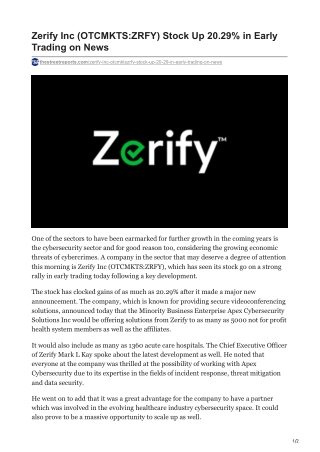 Zerify Inc (OTCMKTS-ZRFY) Stock Up 20.29% in Early Trading on News