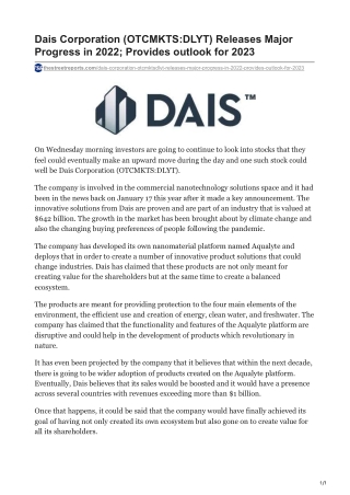 Dais Corporation (OTCMKTS-DLYT) Releases Major Progress in 2022; Provides outlook for 2023