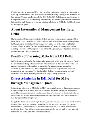 IMI management quota seats| Direct admission in IMI| Call @9354992359