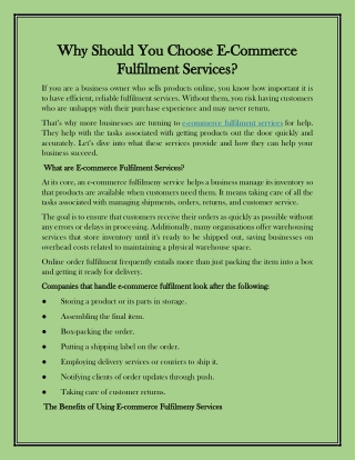 Why Should You Choose E-Commerce Fulfilment Services