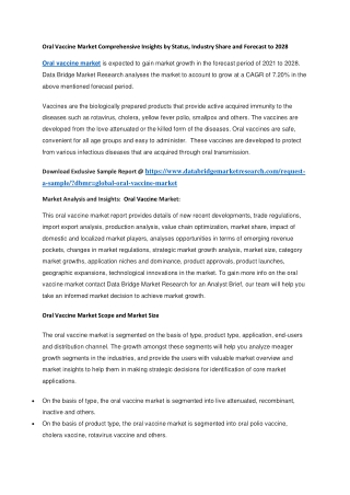 Oral Vaccine Market Comprehensive Insights by Status, Industry Share and Forecast to 2028
