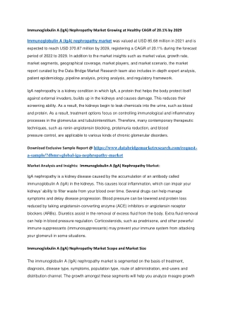 Immunoglobulin A (IgA) Nephropathy Market Growing at Healthy CAGR of 20.1 by 2029
