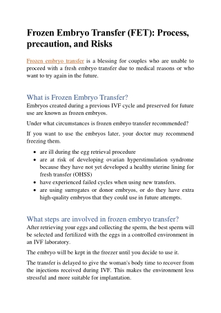 Frozen Embryo Transfer (FET): Process, precaution, and Risks