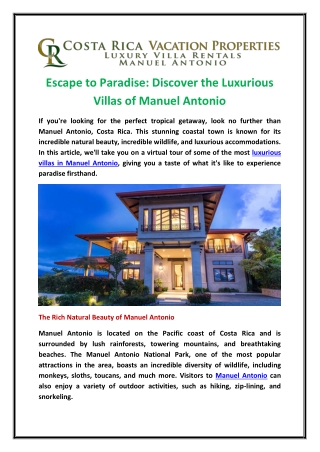 Escape to Paradise: Discover the Luxurious Villas of Manuel Antonio