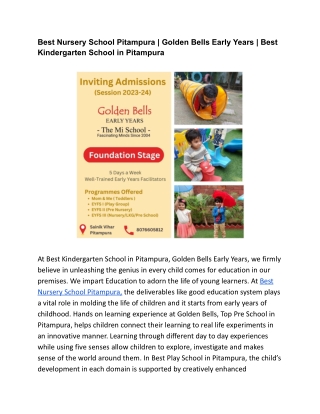 Golden Bells Early Years | Top Kindergarten School in Pitampura | Best Pre Schoo