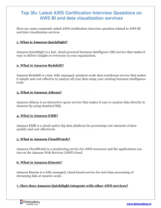 Top 30  Latest AWS Certification Interview Questions on AWS BI and data visualization services