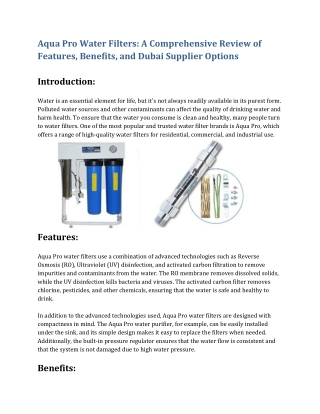 Aqua Pro Water Filters A Comprehensive Review of Features, Benefits, and Dubai Supplier Options