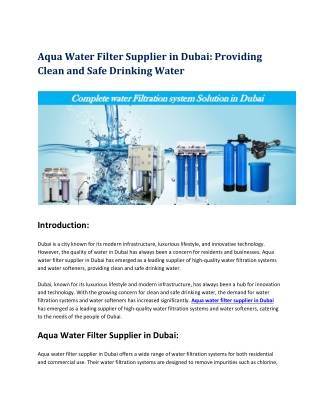 Aqua Water Filter Supplier in Dubai - Providing Clean and Safe Drinking Water