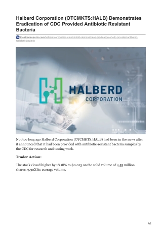 Halberd Corporation (OTCMKTS-HALB) Demonstrates Eradication of CDC Provided Antibiotic Resistant Bacteria