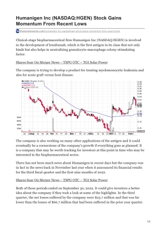 Humanigen Inc (NASDAQ-HGEN) Stock Gains Momentum From Recent Lows