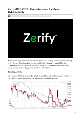 Zerify (OTC-ZRFY) Signs Agreement w-Apex Cybersecurity