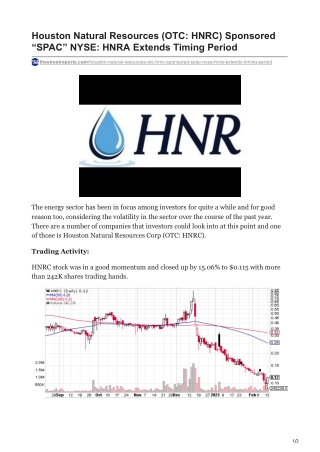 Houston Natural Resources (OTC-HNRC) Sponsored “SPAC” NYSE- HNRA Extends Timing Period