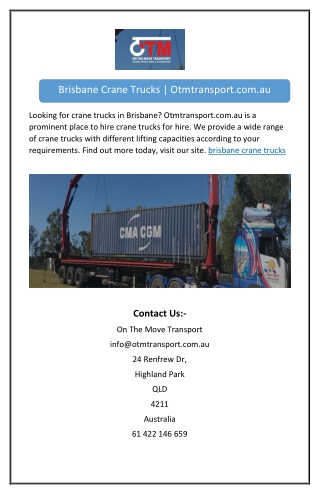 Brisbane Crane Trucks | Otmtransport.com.au