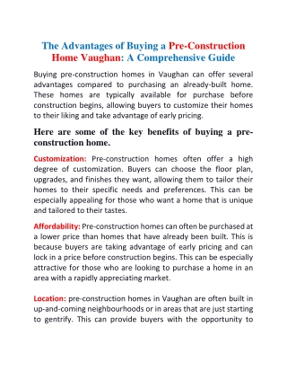 The Advantages of Buying a Pre-Construction Home Vaughan A Comprehensive Guide