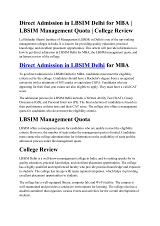 Management quota in LBSIM Delhi | Call@ 9354992359| Direct admission in LBSIM