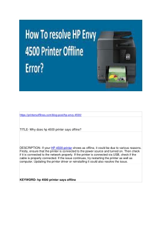 Why does hp 4500 printer says offline?
