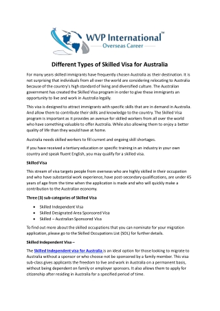 Different Types of Skilled Visa for Australia