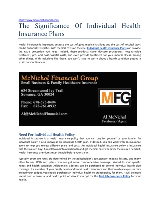 The Significance Of Individual Health Insurance Plans