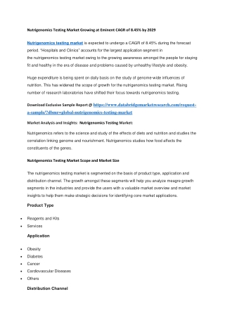 Nutrigenomics Testing Market Growing at Eminent CAGR of 8.45 by 2029