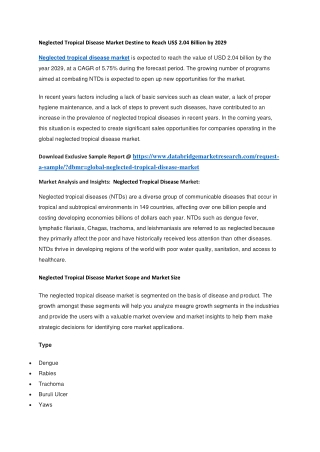 Neglected Tropical Disease Market Destine to Reach US 2.04 Billion by 2029