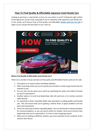 How To Find Quality and Affordable Used Honda Cars