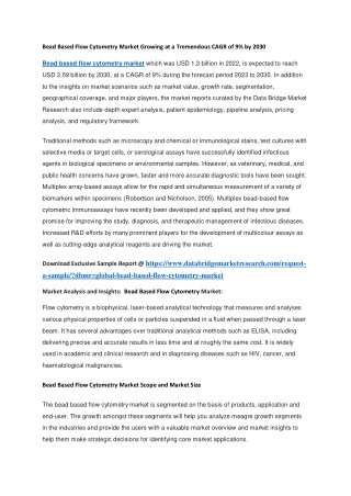 Bead Based Flow Cytometry Market Growing at a Tremendous CAGR of 9 by 2030