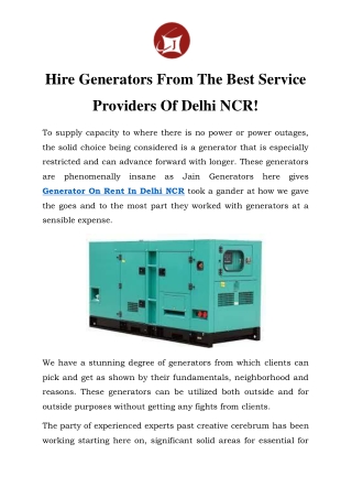 Generator On Rent In Delhi NCR Call-9810679523