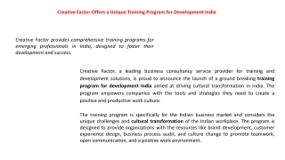 Creative Factor Offers a Unique Training Program for Development India
